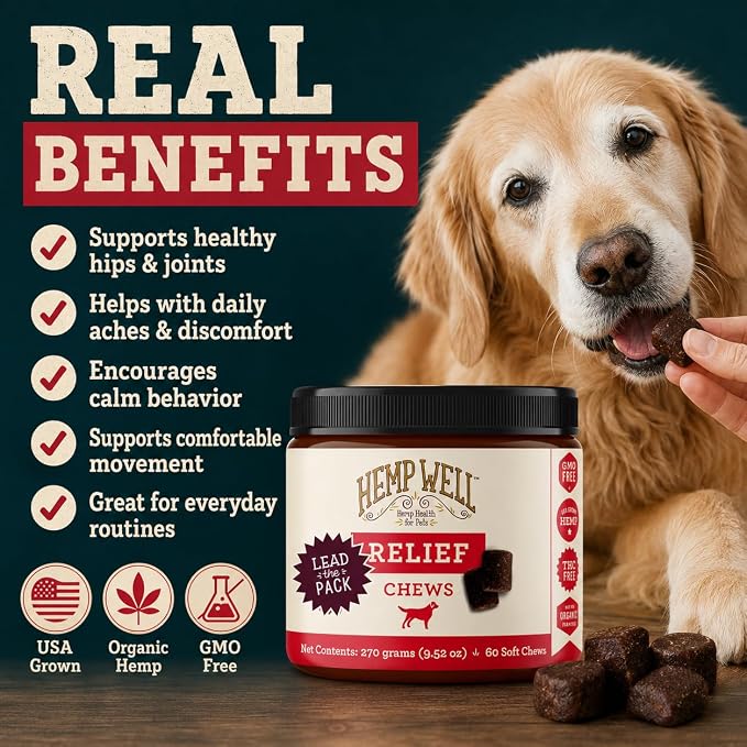 Hemp Well Relief Dog Soft Chews with Organic Hemp, Joint Support, 60-Count