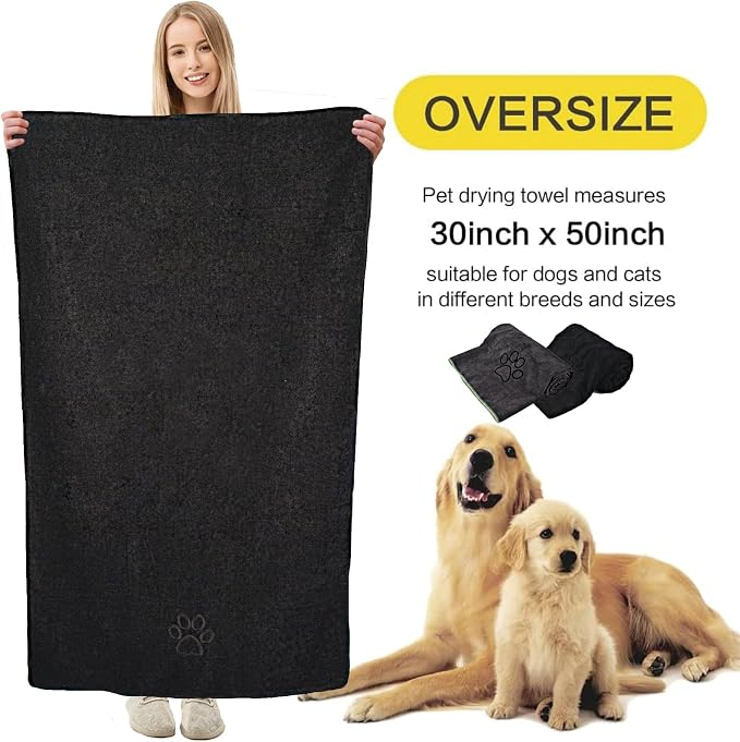 KinHwa Dog Towels Super Absorbent Microfiber Dog Drying Towel for Drying Dogs Soft Pet Bath Towels and Cats with Embroidered Paw Black and Grey 30inch x 50inch