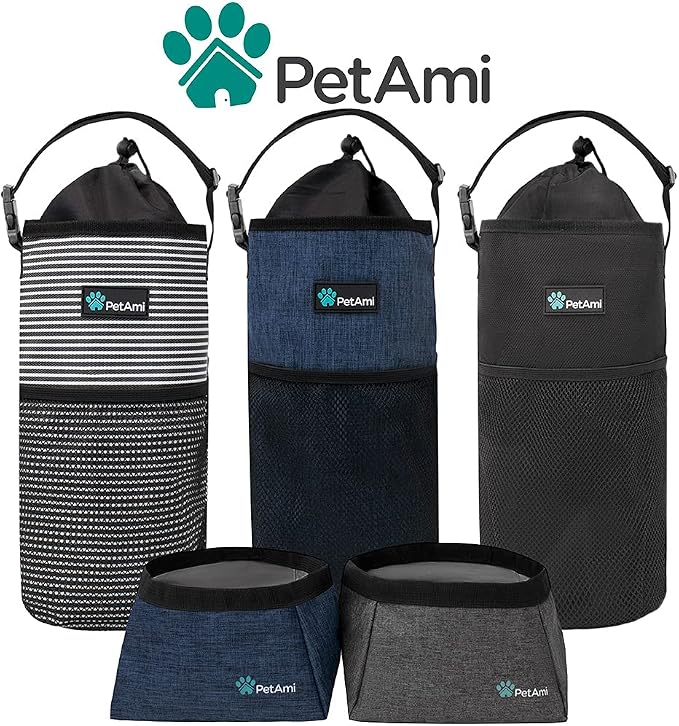 PetAmi Travel Dog Food Bag with Collapsible Bowls Set, Navy & Gray