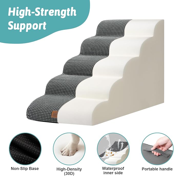 COZY KISS Extra Wide Dog Stair for Small Dog, 5 Step Pet Ramp for Bed | Curved Stable Dog Step for Puppy, Older Cat, Senior, Medium, Short-Legged Dog, Non-Slip Ladder for High Bed, Charcoal Grey