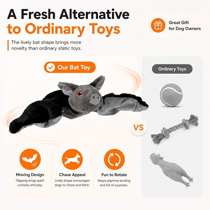 Flying Bat Dog Toy, Battery Operated Interactive Toy for Large Dogs (1PC) | Soft Plush Material, Motion Sensor Activation, Realistic Chirping and Flapping Sounds, USB Rechargeable, Indoor Pet Play
