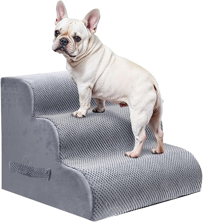 PAWSCRAT Pet Stairs for Dogs 3-Step, 15.7" H Pet Stairs for High Bed, Couch Sofa & Chair, 30D Material Soft Foam Dog Steps with Non-Slip Bottom Surface Removable Washable Cover, LightGrey