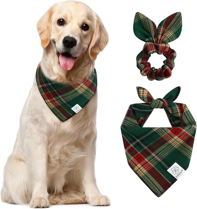 E-Clover Christmas Cute Dog Bandanas Plaid Dog Bandana Matching Scrunchie Pet Kerchief Scarf for, Large-set of 1, Medium, Green
