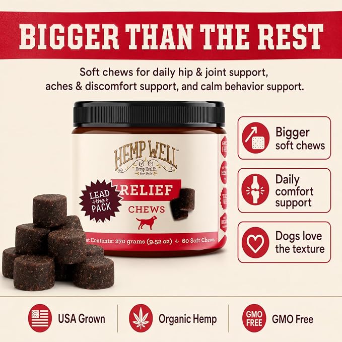 Hemp Well Relief Dog Soft Chews with Organic Hemp, Joint Support, 60-Count