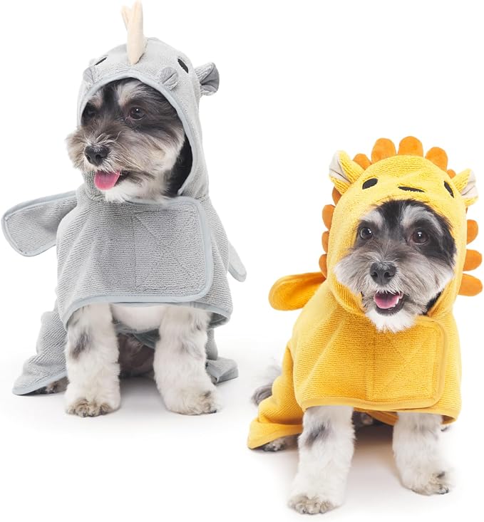 BARKBOX Dog Bathrobe - 2 Pack - for Dogs - Small | Bundle - Fast Drying, Microfiber Bath Towel - Hook & Loop Closure and Wrap Tie - Machine Washable - Lion & Rhino