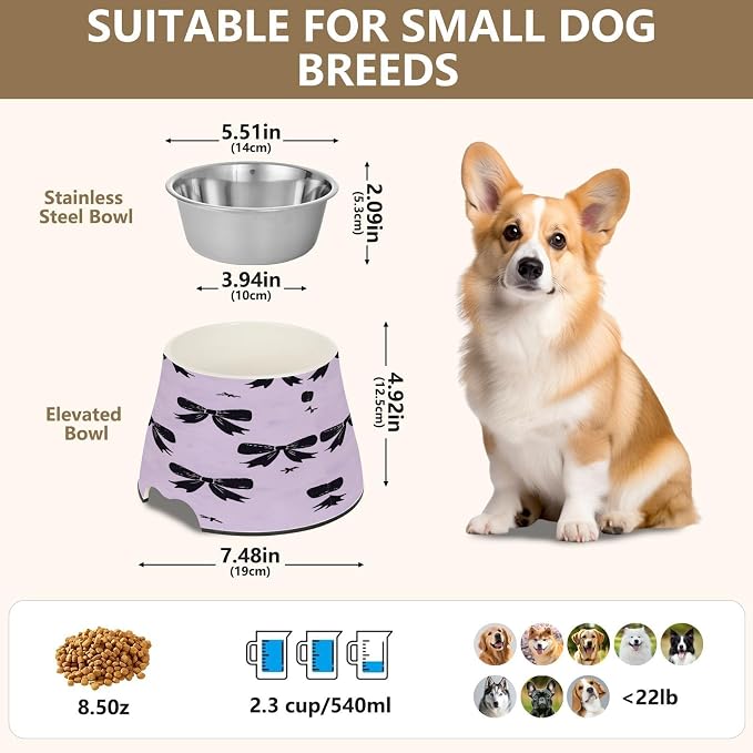 Blueangle Elevated Dog Bowls with Stainless Steel - Non-Slip 2.3 Cup High Capacity Pet Dish for Spinal Health & Black Bows Design（279）