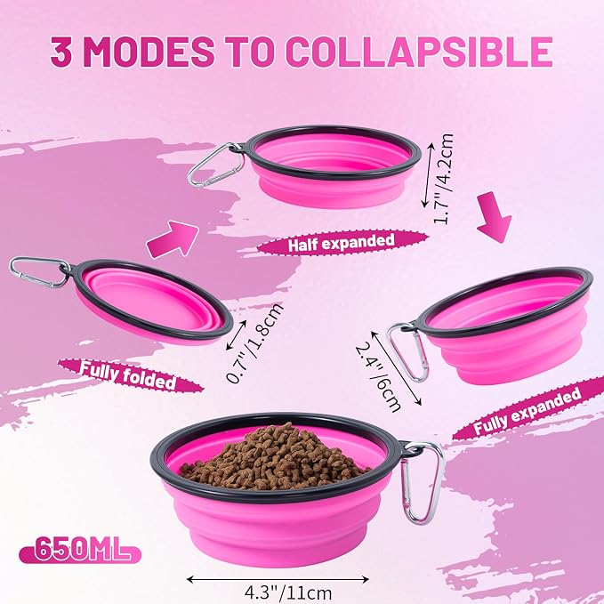 Dog Bowl Collapsible, 2 Pack, with Carabiners, Medium, Pink+Purple