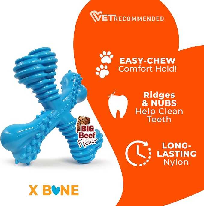 Nylabone Power Chew Comfort Hold X Bone Dog Chew Toy, Beef Flavor, Large | Large breeds, durable dog toys for dogs up to 50 lbs, teeth-cleaning textures, discourages destructive chewing, long lasting