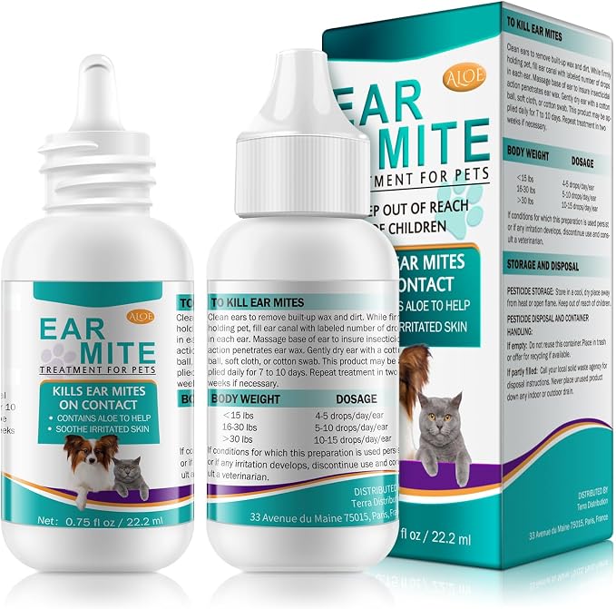 Ear Mites Clean for Dogs & Cats with Aloe Vera, 0.75oz Bottle