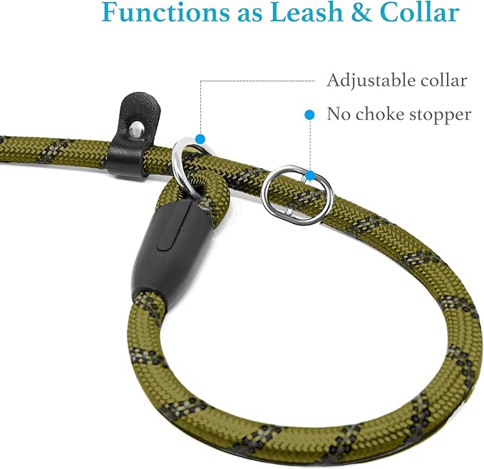 iYoShop Durable Slip Lead Dog Leash, 1/2" x 4 FT, Military Green | Padded Handle, Reflective Threads, No Pull, Dog Training Leash