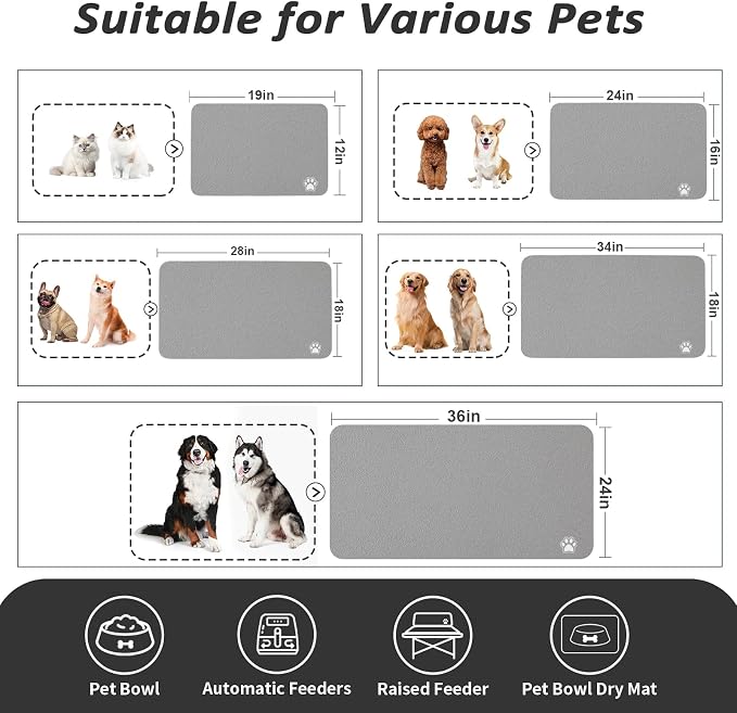 HotLive Dog Food Mat - Absorbent Cat Mat for Food and Water, No Stains Pet Feeding Bowl Mat, Easy to Clean Pet Placemats, Quick Dry Dog Water Dispenser Mat for Messy Drinkers | Paw Grey 12"x 19"