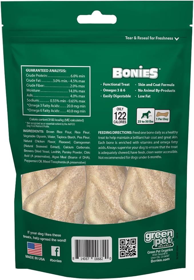 Bonies Natural Skin & Coat Formula Medium-Sized Single Bone - Promote Silky Coat & Healthy Skin, Healthy Teeth & Fresh Breath, Low Calories - Chicken Flavor, [Medium Dogs], 8 Bones