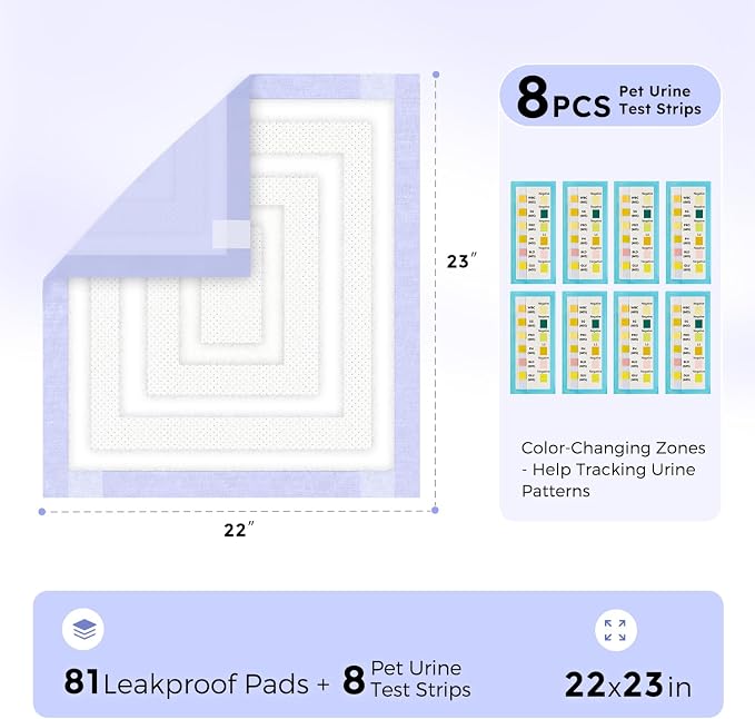 ZOMISIA 3D-Barrier Puppy Pee Pads for Dogs, 7 Cups Absorb & Rise Puffy Gel-Wall Leak-Proof, 22"x23" 81 Counts + 8 Pet Urine Test Strips, Super Absorbent Disposable Potty Training Pads
