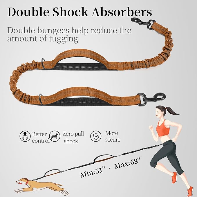 iYoShop Hands Free Dog Leash with Zipper Pouch, Large, 25-120 lbs, Brown | Waist Leash, Dual Padded Handles, Shock-Absorbing Bungee, Adjustable Waist Belt, Walking and Running