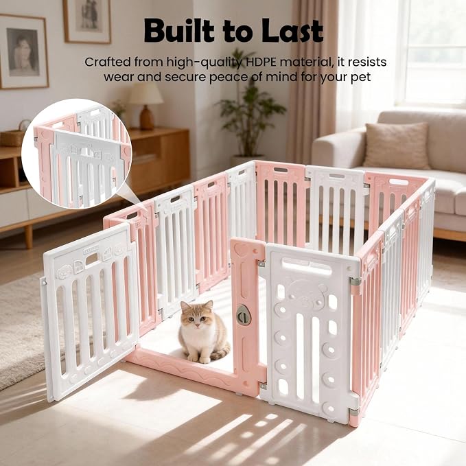 Dog Playpen, Large Pet Playpen with Cute Patterns & 1 Door & 11 Freely Combinable Panels Dog Fence Large Crate for Pets Pet Safety Fence Pet Essentials for Small/Medium Dogs (Pink & White)