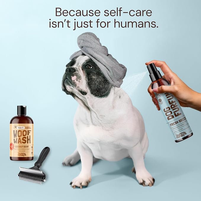 Sunny & Honey Detangling Dog Shampoo and Conditioner set | Bonus Dog Perfume, Brush & Towel - Dog Wash (Coconut, 16oz) - Deodorizer Cologne Spray (Breeze, 8oz) - US Made Bath Supplies