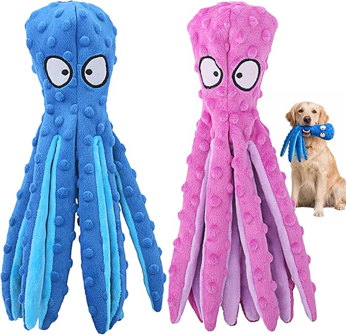 HGB Squeaky Dog Toys - Octopus No Stuffing Crinkle Plush Large Dog Toys to Keep Them Busy, Interactive Puppy Teething Chewing Pet Supplies for Chewer, Small, Medium, Large Breeds, 2 Pack
