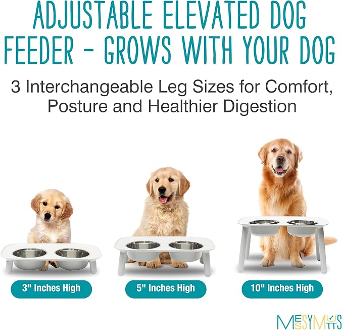 Messy Mutts Elevated Double Dog Feeder, Adjustable Height, Light Grey | Adjustable-Height Elevated Double Dog Feeder With Two 5 Cup Stainless Bowls, Legs Set To 3, 5, Or 10 Inches