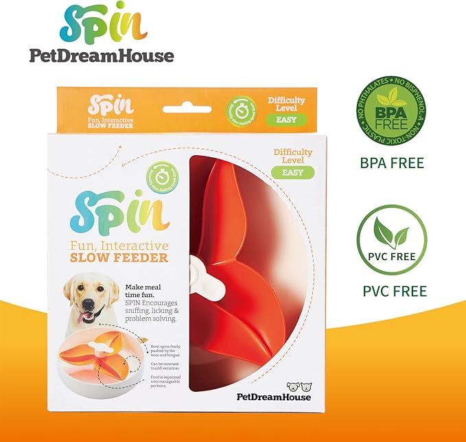 PetDreamHouse Spin Interactive Slow Feeder Bowl for Dogs - Bougainvillea Orange - Skill Level: Easy - Fun and Healthy Feeding with Movable, Adjustable Center Puzzle Piece for All Dogs and Food Types