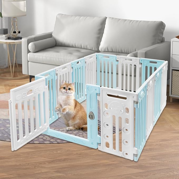 Pop Up Dog Playpen, Foldable Pet Playpen (Blue and White) | HDPE Material, for most puppies small or medium dogs