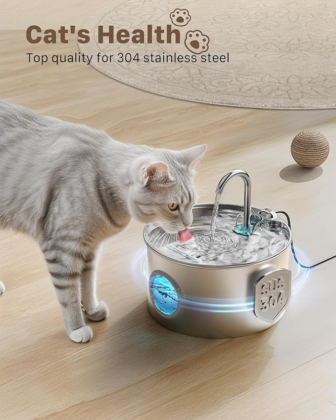 Cat Water Fountain Stainless Steel: Cat Fountain for Drinking with 6 Filters + 3 Sponges - 74oz/2.2L Pet Water Fountain for Cats Inside - Quiet Cats Water Bowl Dispenser - Kitten Drinking Fountains
