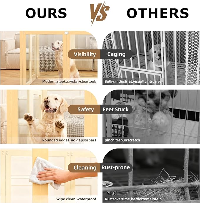 Clear Acrylic Dog Playpen Indoor with Solid Wood Frame, 10 Panels Clear Dog Playpen for Small Dogs, Easy Assembly Acrylic Pet Pen, Safe and Sturdy Play Area for Puppy Rabbit Indoor