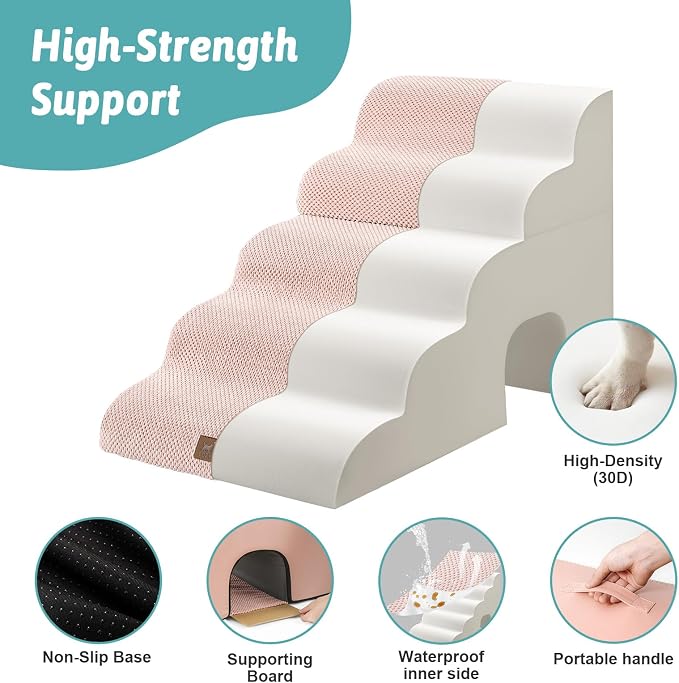 COZY KISS Small Dog Stairs with Tunnel, 5 Step Pet Ramp for High Bed | Curved Stable Dog Step for Puppy, Older Cat, Senior, Medium, Short-Legged Dog, Non-Slip Ladder for Car, 22.4" H, Pink
