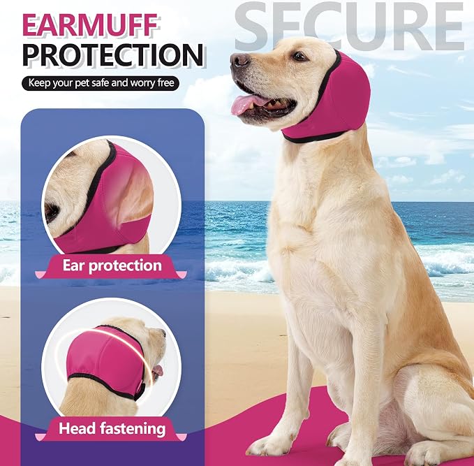 Waterproof Dog Bath Ear Covers & Calming Dog Snood – Aimosheng Reusable, Adjustable Anxiety Relief for Swimming, Grooming, Thunder & Fireworks Fuchsia M
