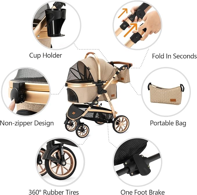 Kenyone 3-in-1 Pet Stroller - Khaki (C510L), Detachable Carrier