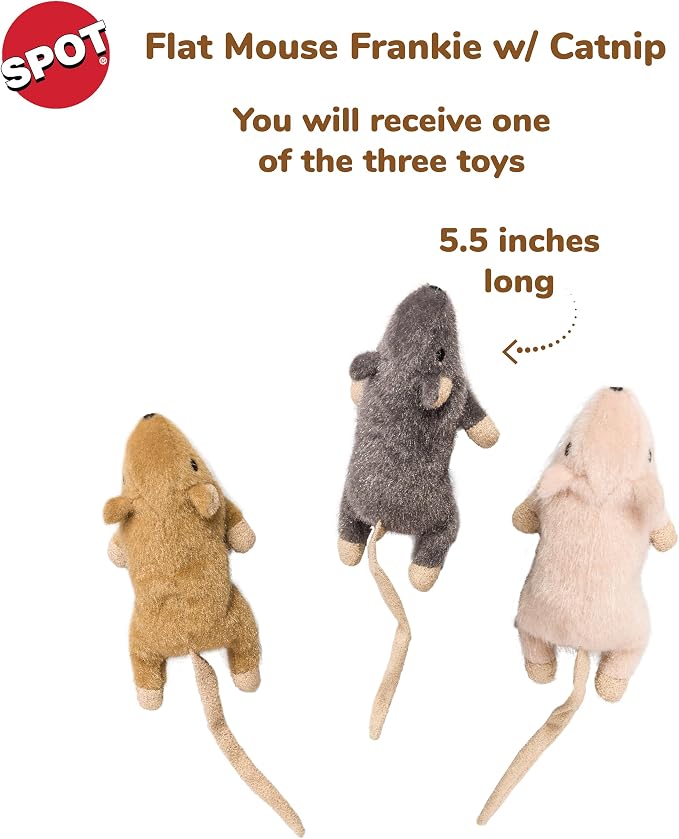 SPOT Flat Mouse Frankie with Catnip - Cat Toy, Fuzzy Mice with Catnip and Crinkle Sound, Perfect Size for Pouncing on, Chasing, Hunting - 5.5in Plush Toys, Assorted Colors (Pack of 2)