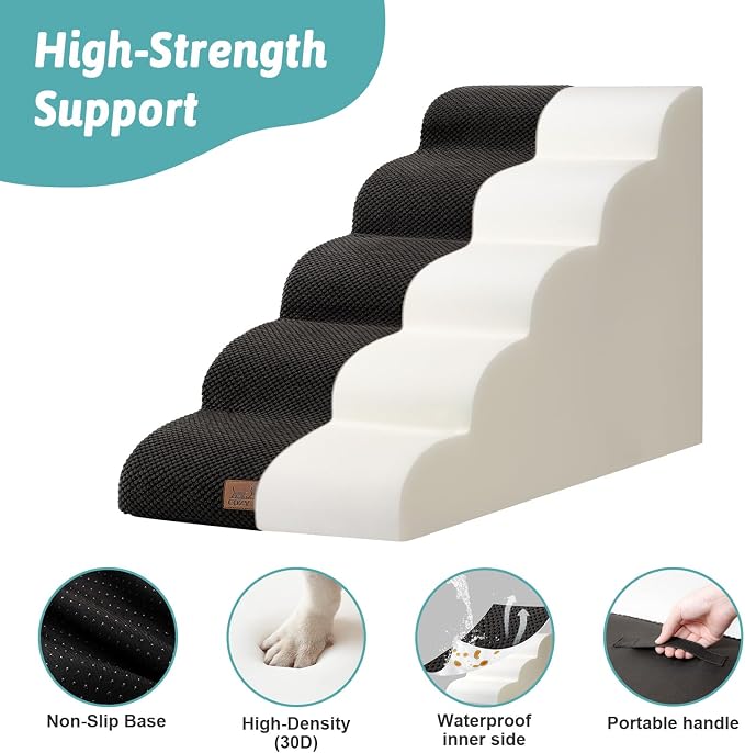COZY KISS Extra Wide Dog Stair for Small Dog, 5 Step Pet Ramp for Bed | Curved Stable Dog Step for Puppy, Older Cat, Senior, Medium, Short-Legged Dog, Non-Slip Ladder for High Bed, 22.4" H, Black