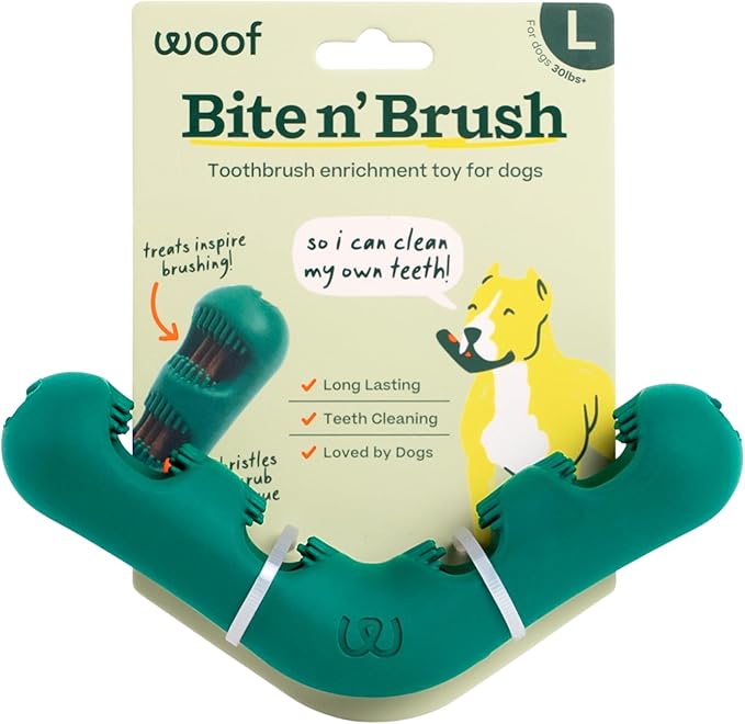 WOOF The Bite n' Brush - Dog Toothbrush Toy - Scrub Plaque and Tartar from Your Dog's Teeth and Mouth - Dog Dental Chew Toy - Large