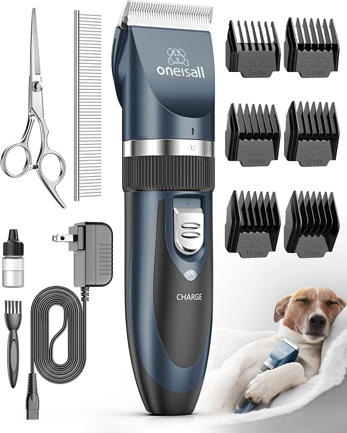 oneisall Dog Clippers Low Noise Grooming Kit for Dogs Cats Pets | Cordless & Long Battery Life, Simple for Beginners, 6 Guide Combs, Removable & Rinsable Blade