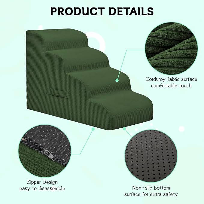 Mesa Lemon Dog Steps for Small Dogs, 3-Step Pet Ramp Stairs for High Beds and Sofa, Non-Slip Pet Stairs for Small Dogs and Cats, Removable and Easy to Clean Cover, Green