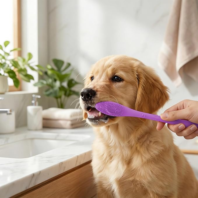 2 Piece Dog Toothbrush with Dual Head,Silicone Long Handle Toothbrush for Dogs Cats,Puppy Pet Tooth Brush (Purple)