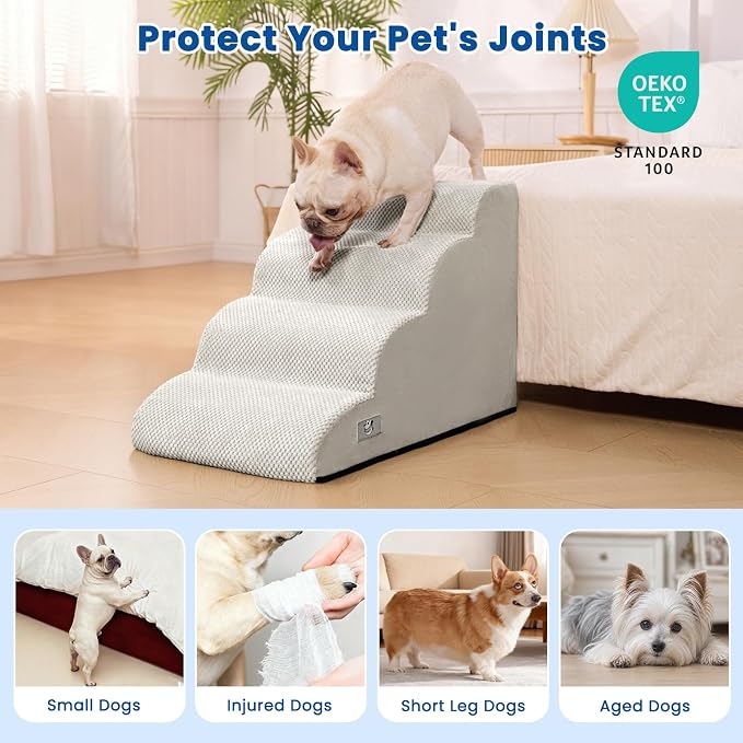 Airpanda Dog Steps for Bed, 4 Step Pet Stairs for Small and Medium Dogs, Non-Slip Dog Ramp with Washable Cover, High-Density Support Foam for Easy Climbing,Light Grey