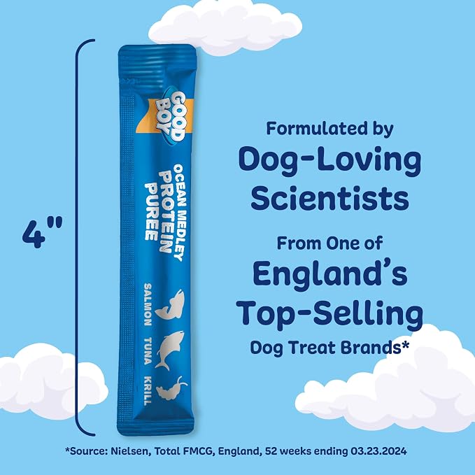Good Boy Ocean Medley Protein Purees Dog Food Mixers for All Adult Dogs, 30 Count, Easy Single-Serve Triple Flavor Topper Treats with Salmon, Tuna and Krill
