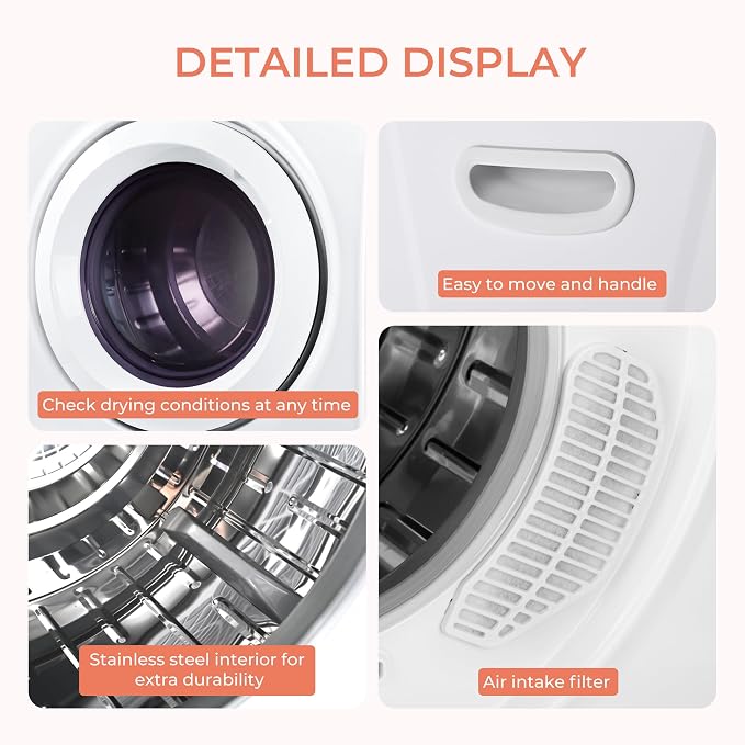 Euhomy 2.65 Cu. Ft. Portable Dryer for Clothes, 1400W Dryer with LCD Panel