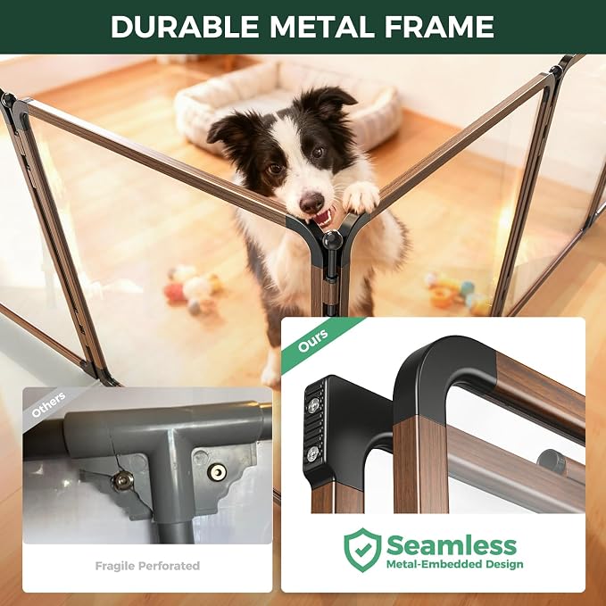 FXW AuraSpace Pro Acrylic Indoor Dog Playpen, Heavy-Duty with Metal Frame, 32" Height 8 Panels for Small and Medium Dogs, Walnut│Patented