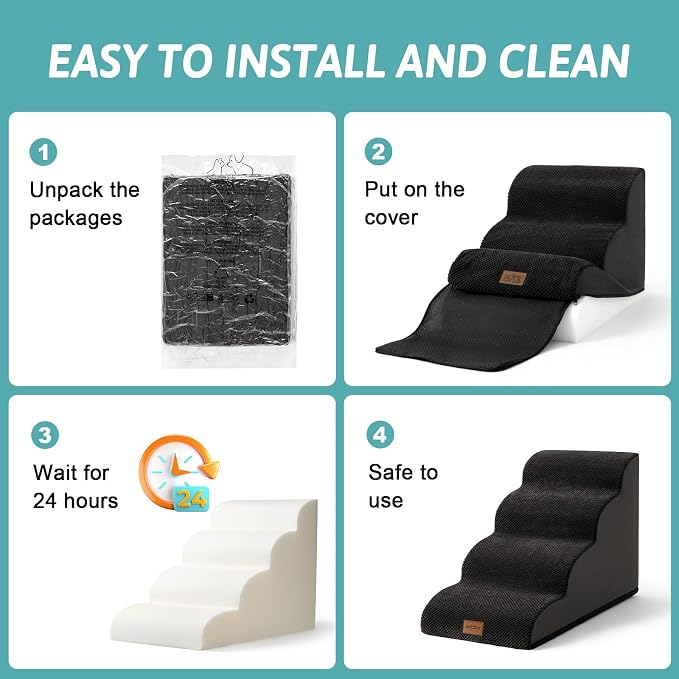 COZY KISS Dog Stairs for Small Dogs 15.7" H, Curved Dog Step for Puppy, Older Cat, Medium Pet Ramp for Sofa, Couch or Chair, Ladder with High Density Foam, 3 Step, 15.7x22.4x15.7 inch, Black