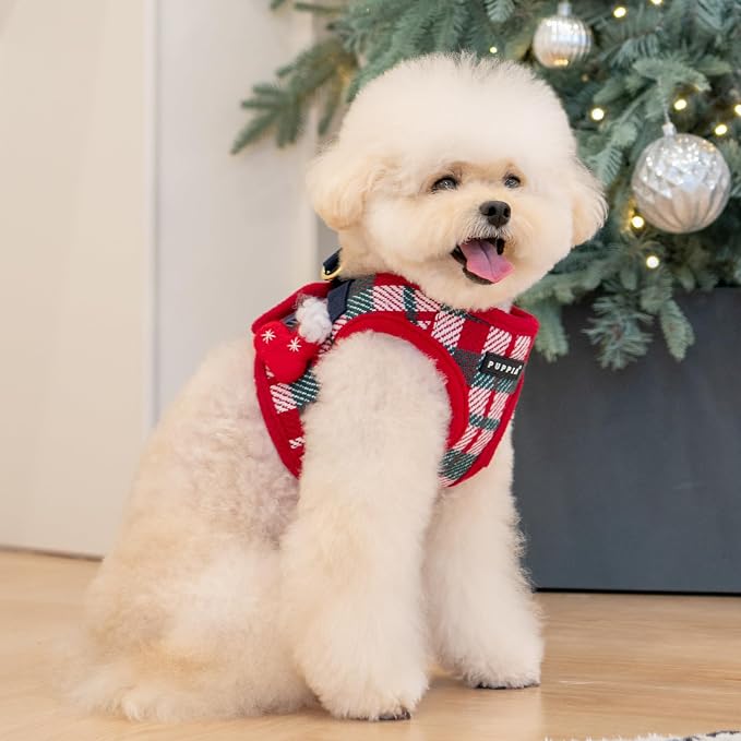 Puppia Festive Vest Dog Harness Step-in Warm Winter Checkered Pattern for Small and Medium Dog, Red, Large