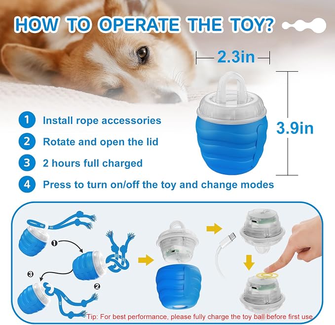 Interactive Dog Toys, [2026 Newly Upgraded] Interactive Dog Ball for Medium/Large Dogs, Automatic Moving Dogs Toy Wicked Ball for Boredom & Training, Play Music, USB Rechargeable(Blue)