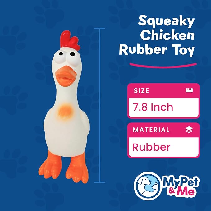 My Pet & Me Rubber Squeaky Dog Toys for Small Dogs and Puppies, Soft Latex Squeak Toy for Light to Moderate Chewers, Teething and Fetch Play with Squeaker (White Chicken, 7.8 Inch)