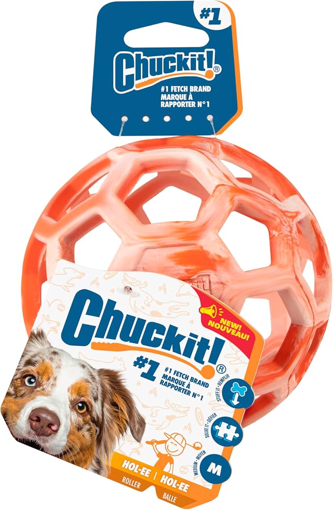 Chuckit! Holee Roller Dog Treat Puzzle Ball, Medium (2.5"), Orange – Interactive Treat & Chew Puzzle Toy for Dogs 20–60 lb – Durable Rubber Fetch Ball for Mental Stimulation – Pack of 1
