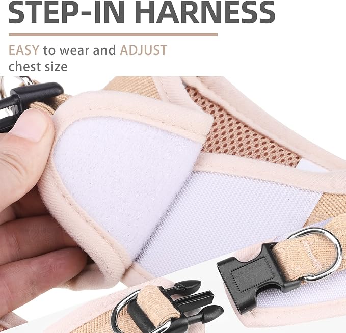 PUPTECK Dog Harness and Leash Set for Small Medium Dogs No Pull Step-in Soft Mesh Puppy Cat Vest Harnesses Reflective at Night, Denim Beige L