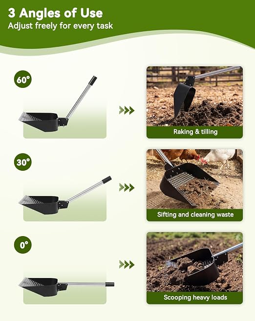 2-in-1 Chicken Poop Scooper & Rake, 12" Wide Metal Chicken Coop Scooper, 3-Way Adjustable Head, 39/51/67" Long 304 Stainless Steel Handle & Gloves, Non-Stick Sand Sifting Shovel for Backyard Farm Barn