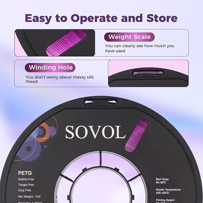 Sovol 3D Printer PETG Filament 1.75mm, Gradient Multicolors Filaments Material, 1kg (2.2lbs), Dimensional Accuracy +/- 0.03 mm, Fit Most FDM Printer, Purple