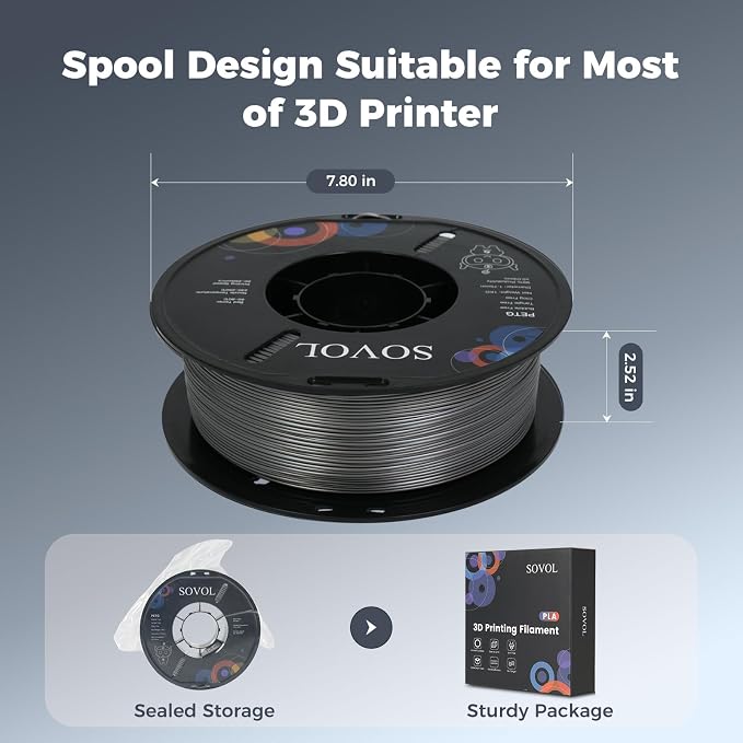 Sovol 3D Printer PETG Filament 1.75mm 1KG (2.2lbs), High Precision, Strong Toughness, Wiring Tightness, Dimensional Accuracy +/- 0.03 mm, 3D Printing PETG Filaments, Silver Gray