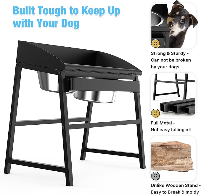 Spill Proof Tilted Elevated Dog Bowls for Large Breed, 15“ Tall Raised Dog Bowl with Stand, Stainless Steel Dog Food Bowl & Water Bowl Set for Indoor & Outdoor Use, Easy Clean Large Dog Bowl Dog Dish