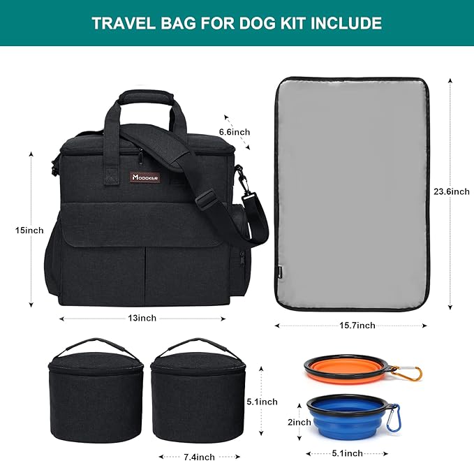 Modoker Dog Travel Kit for Weekend, with Bowls & Food Containers, Black